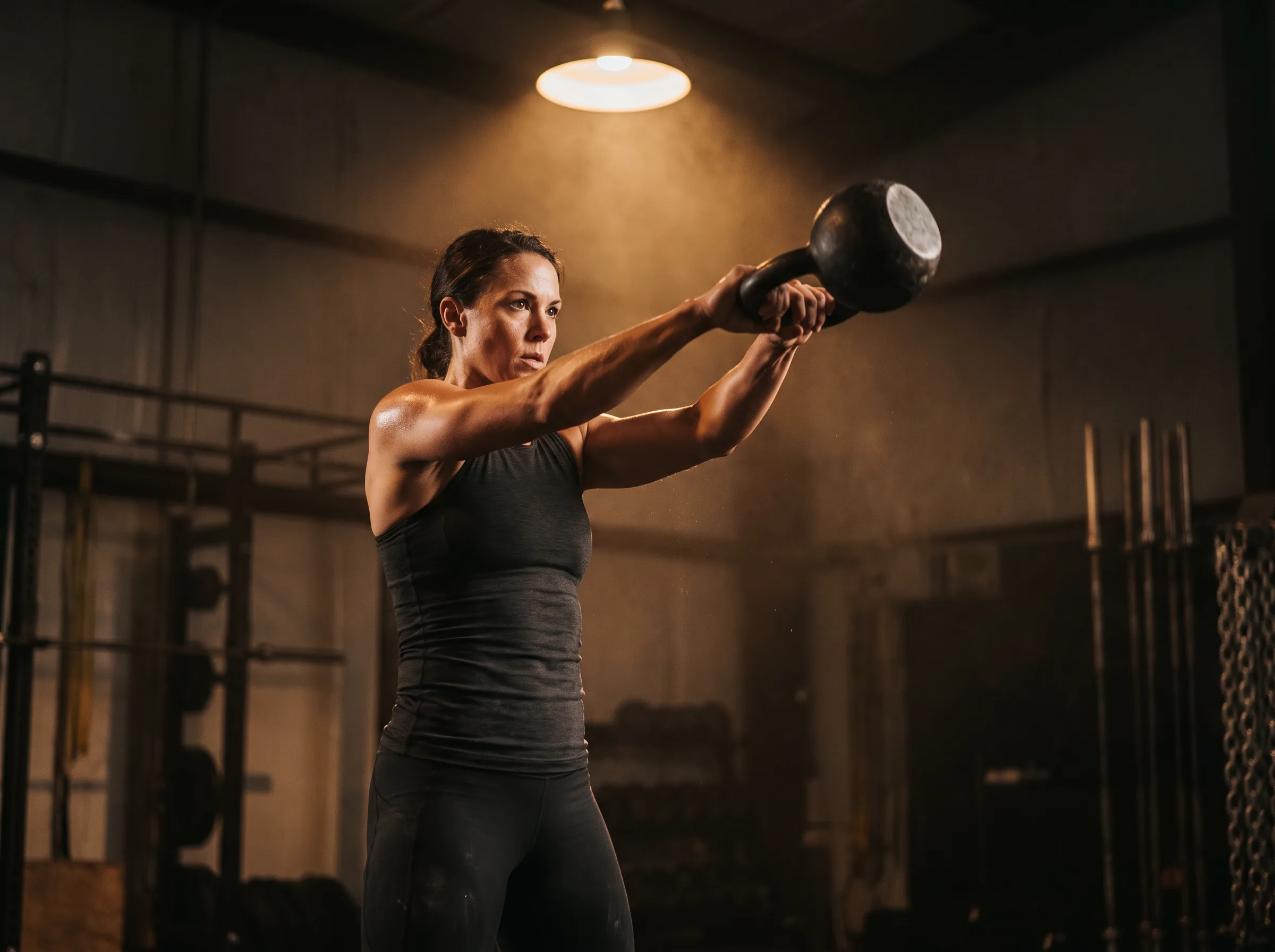 Athlete mid-swing with a kettlebell in a dark gym