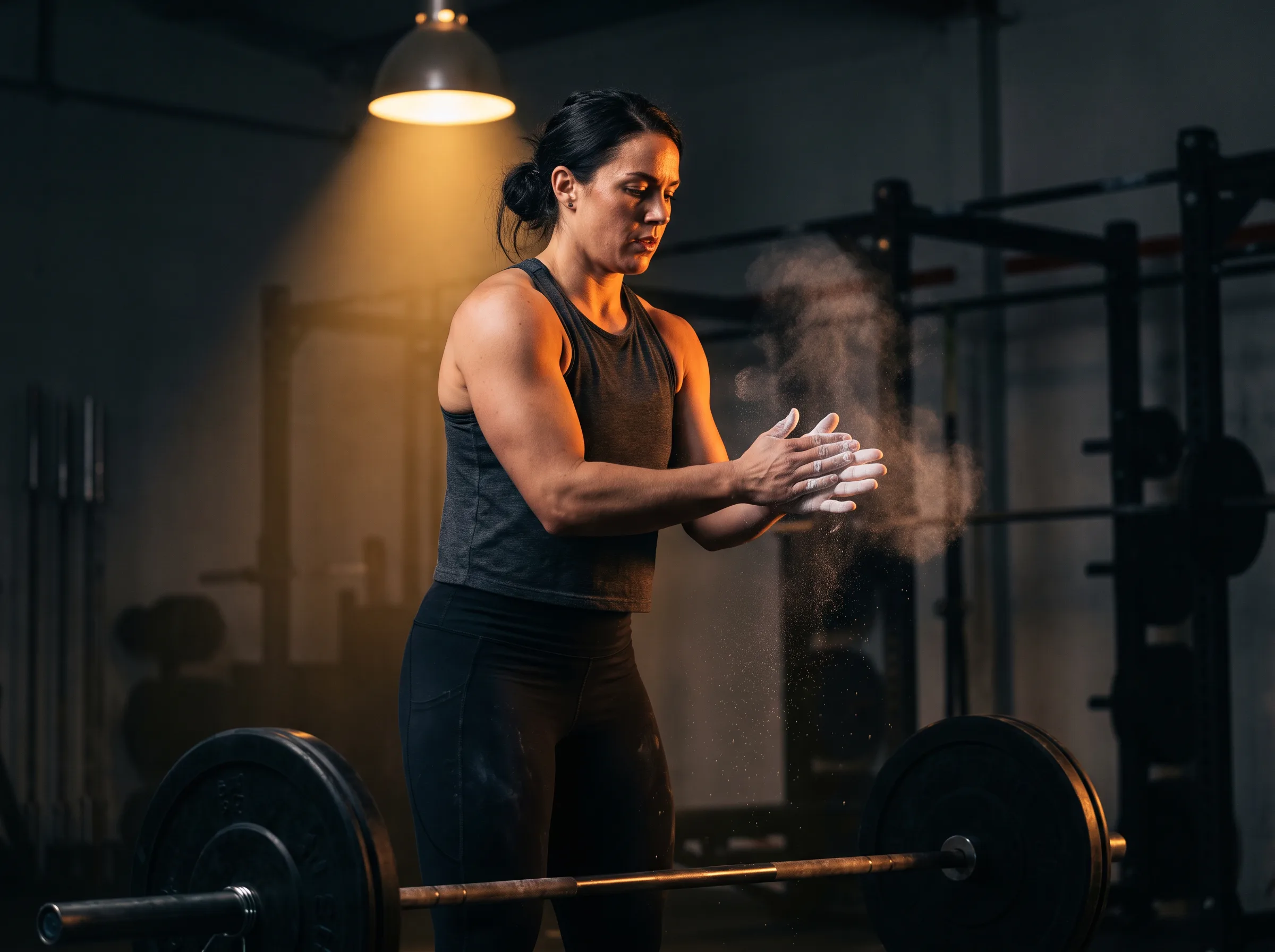 Athlete chalking hands before a lift in a dark gym