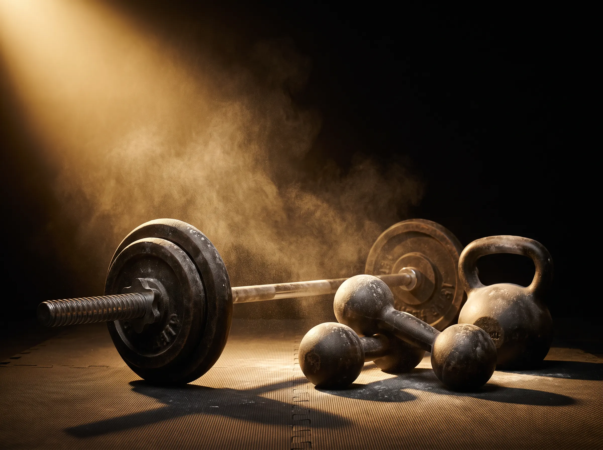 Barbell, dumbbells, and kettlebell arranged in dramatic gold light